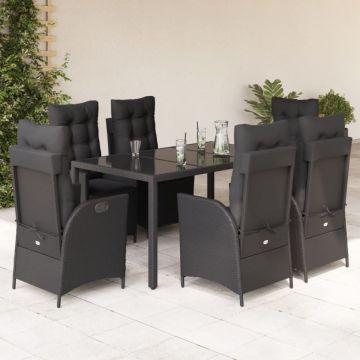 Set mobilier de grădină cu perne, 7 piese, negru, poliratan