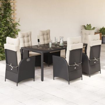 Set mobilier de grădină cu perne, 7 piese, negru, poliratan