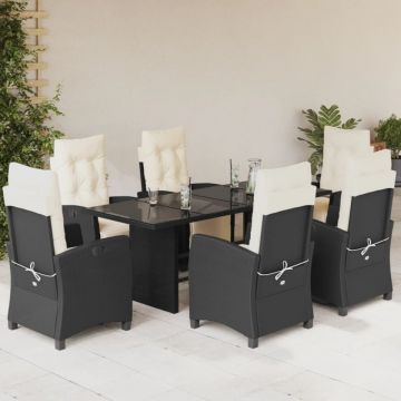 Set mobilier de grădină cu perne, 7 piese, negru, poliratan