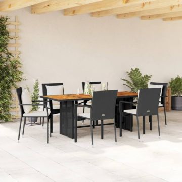 Set mobilier de grădină cu perne, 7 piese, negru, poliratan