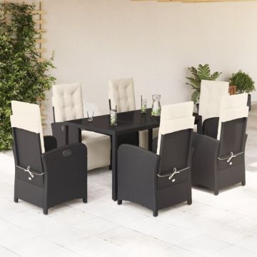 Set mobilier de grădină cu perne, 7 piese, negru, poliratan