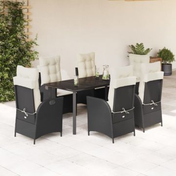 Set mobilier de grădină cu perne, 7 piese, negru, poliratan