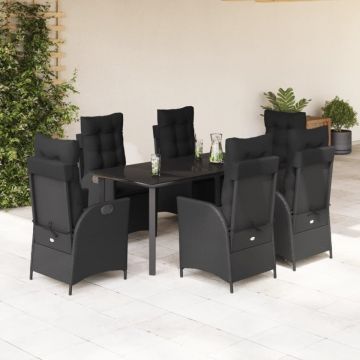 Set mobilier de grădină cu perne, 7 piese, negru, poliratan