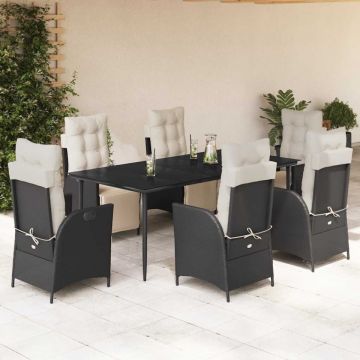 Set mobilier de grădină cu perne, 7 piese, negru, poliratan