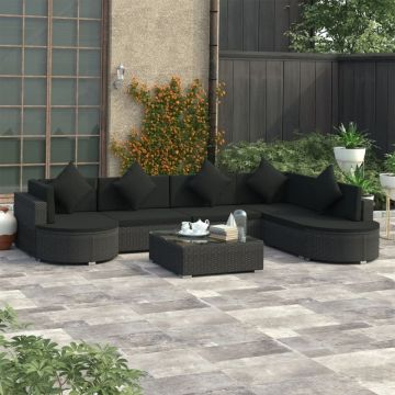 Set mobilier de grădină cu perne, 8 piese, negru, poliratan