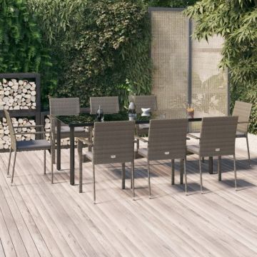 Set mobilier de grădină cu perne, 9 piese, negru/gri, poliratan
