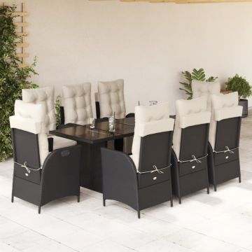 Set mobilier de grădină cu perne, 9 piese, negru, poliratan