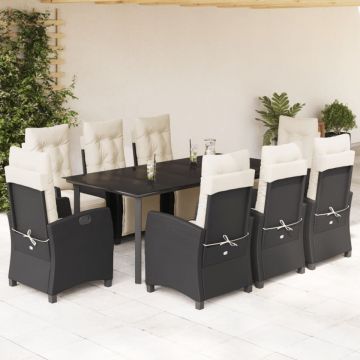 Set mobilier de grădină cu perne, 9 piese, negru, poliratan