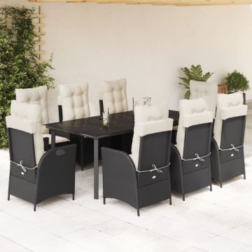 Set mobilier de grădină cu perne, 9 piese, negru, poliratan