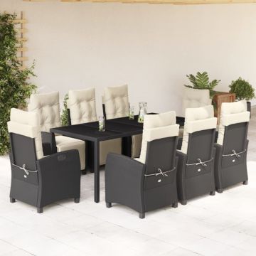 Set mobilier de grădină cu perne, 9 piese, negru, poliratan