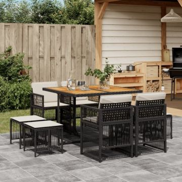 Set mobilier de grădină cu perne, 9 piese, negru, poliratan