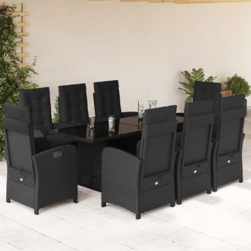Set mobilier de grădină cu perne, 9 piese, negru, poliratan