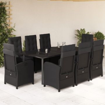 Set mobilier de grădină cu perne, 9 piese, negru, poliratan
