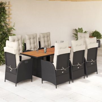 Set mobilier de grădină cu perne, 9 piese, negru, poliratan