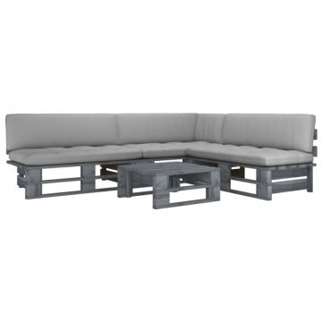 Set mobilier din paleți cu perne, 4 piese, gri, lemn pin tratat