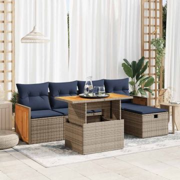 Set mobilier grădină cu perne 6 piese gri poliratan/lemn acacia