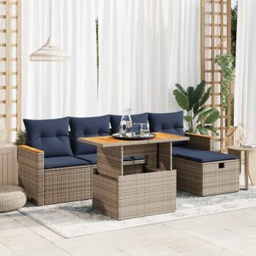 Set mobilier grădină cu perne 6 piese gri poliratan/lemn acacia