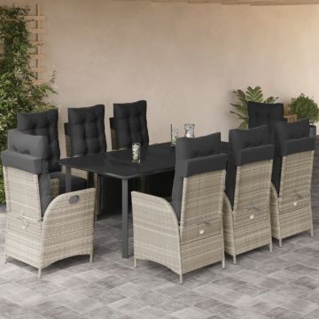 Set mobilier grădină cu perne, 9 piese, gri deschis, poliratan