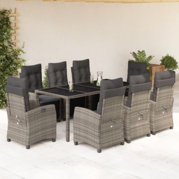 Set mobilier grădină cu perne, 9 piese, gri, poliratan