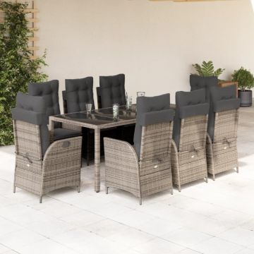 Set mobilier grădină cu perne, 9 piese, gri, poliratan