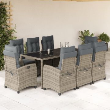 Set mobilier grădină cu perne, 9 piese, gri, poliratan
