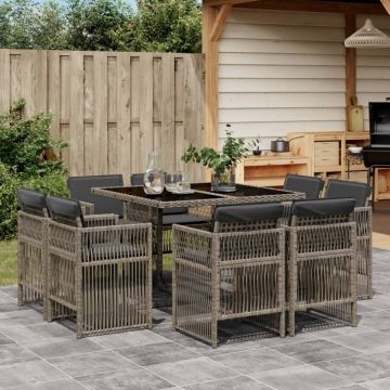 Set mobilier grădină cu perne, 9 piese, gri, poliratan