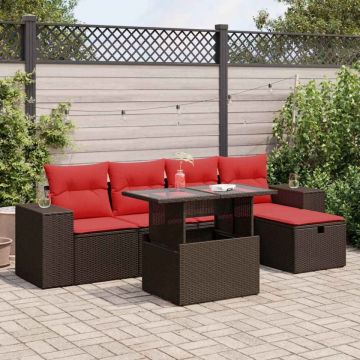 Set mobilier grădină perne 6 piese negru poliratan/lemn acacia