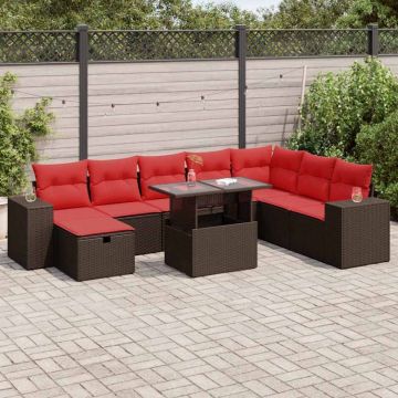 Set mobilier grădină perne 9 piese negru poliratan/lemn acacia
