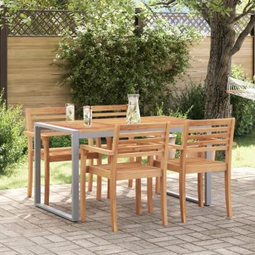 Masă de dining exterior Gri 140x80x75 cm Oțel și Lemn Masiv de Acacia