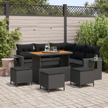 Set Canapea de Grădină cu Perne Negru Ratan Polimer Acacia, Set de Mâncare de Grădină cu Perne Negru Ratan Polimer Acacia