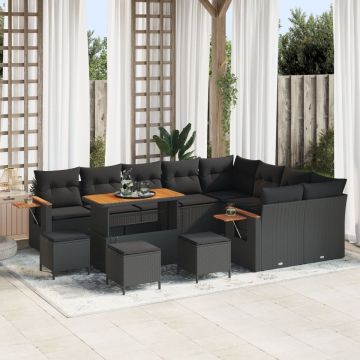 Set Canapea Grădină 13 Piese cu Perne Negru Rattan Poliratan Acacia, Set Dining Grădină 4 Piese cu Perne Negru Rattan Poliratan Acacia