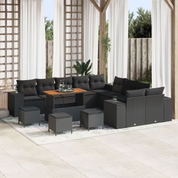 Set canapea grădină 14 piese cu perne Negru Poliratan Acacia, Set dining grădină 4 piese cu perne Negru Poliratan Acacia