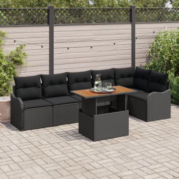 Set canapea grădină 7 piese cu perne Negru Ratan Acacia, Canapea grădină 2 locuri cu perne Negru Ratan