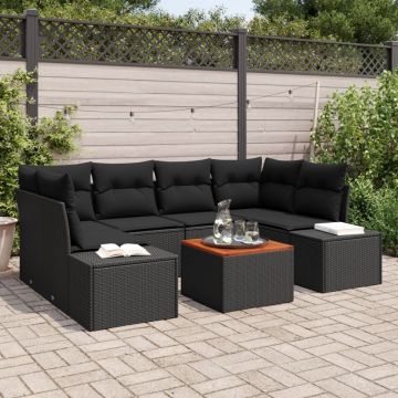 Set canapea grădină 7 piese și perne, Negru, Poliratan, Acacia