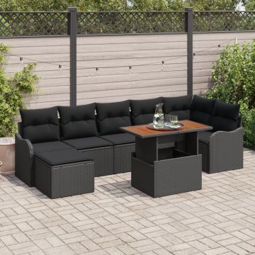 Set canapea grădină 8 piese cu perne Negru Poli Ratan Acacia, Canapea grădină 2 locuri cu perne Negru Poli Ratan