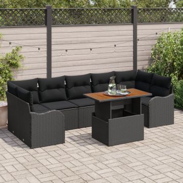 Set Canapea Grădină 8 Piese și Perne Negru Ratan Poli Acacia, Canapea Grădină 2 Piese și Perne Negru Ratan Poli