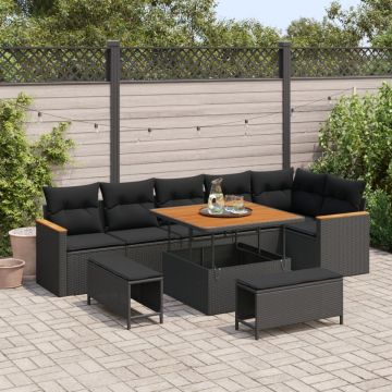 Set canapea grădină cu perne Negru Rattan Acacia, Set de dining grădină cu perne Negru Rattan Acacia