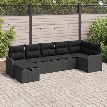 Set canapea modulară 7 piese cu perne din ratan poliester negru , Canapea grădină 2 locuri cu depozitare și perne din ratan poliester negru