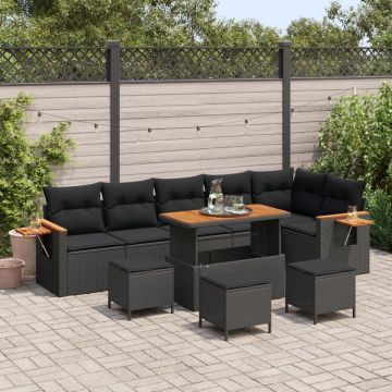 Set Canapele Grădină 9 Piese cu Perne Rattan Poli Negru Acacia, Set Mese Grădină 3 Piese cu Perne Rattan Poli Negru Acacia