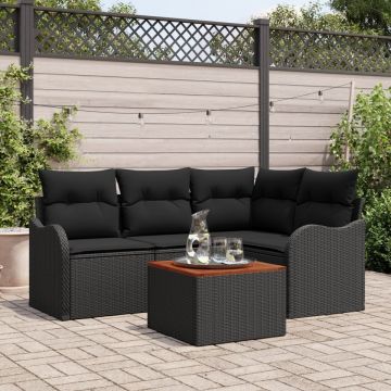 Set Canapele Grădină cu Perne Negru Ratan Polimeric Acacia, Canapea Grădină cu 2 Locuri și Spațiu Stocare & Perne Negru Ratan Polimeric