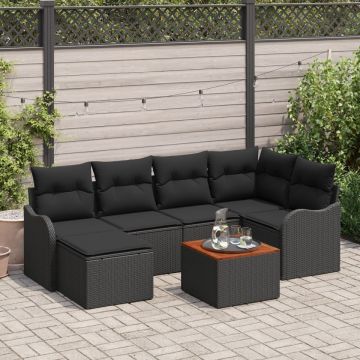 Set canapele grădină cu perne Ratan poli negru Acacia, Canapea grădină 2 locuri cu perne Ratan poli negru