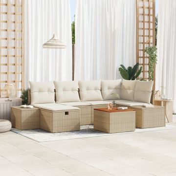 Set de 7 piese de sofa de grădină cu perne Bej din ratan poliesteric