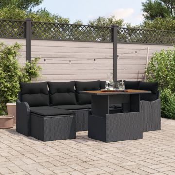 Set de 7 Piese Sofa Grădină cu Pernuțe Negru din Ratan Polimer Acacia, Sofa Grădină cu 2 Locuri și Pernuțe Negre din Ratan Polimer