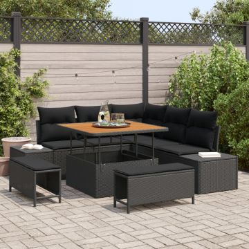 Set de 8 piese pentru grădină cu perne Negru Poliratan Acacia, Sofa de grădină cu 2 locuri și depozit & perne Negru Poliratan, Set de dining pentru grădină cu 3 piese și perne Negru Poliratan Acacia