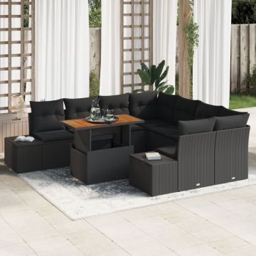 Set de 9 Piese de Sofa de Grădină cu Pernuțe Negru din Ratan Poly