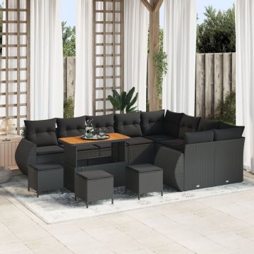 Set de canapea de grădină 13 piese cu perne Negru Poliratan Acacia, Set de dining de grădină 4 piese cu perne Negru Poliratan Acacia