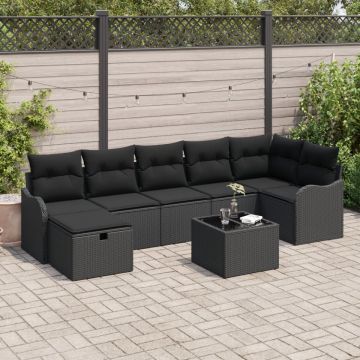 Set de canapea de grădină 8 piese cu perne Negru Ratan sintetic, Canapea de grădină cu 2 locuri cu perne Negru Ratan sintetic
