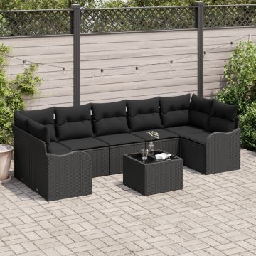 Set De Canapea De Grădină 8 Piese Cu Pernițe Negru Poli Ratan, Set De Canapea De Grădină 2 Locuri Cu Pernițe Negru Poli Ratan