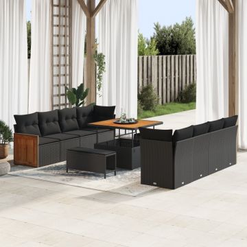 Set de canapea de grădină cu 11 piese și perne Negru Poliratan Acacia, Set de dining de grădină cu 3 piese cu perne Negru Poliratan Acacia