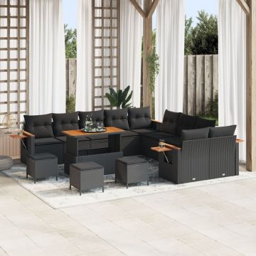 Set de canapea de grădină cu 13 piese cu perne Negru Ratan Poli Acacia, Set de dining de grădină cu 3 piese cu perne Negru Ratan Poli Acacia